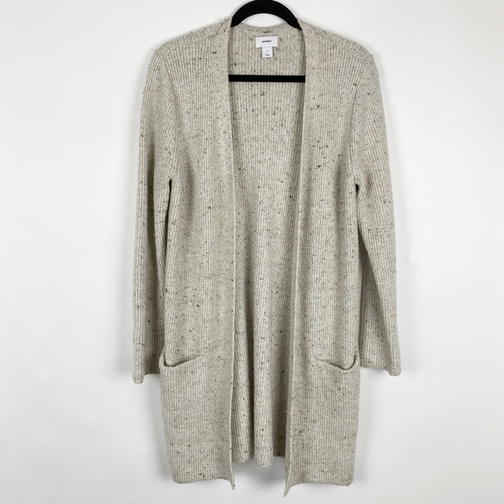 Old Navy Speckled Ribbed Open Front Longline Cardigan Sweater Womens Small Beige